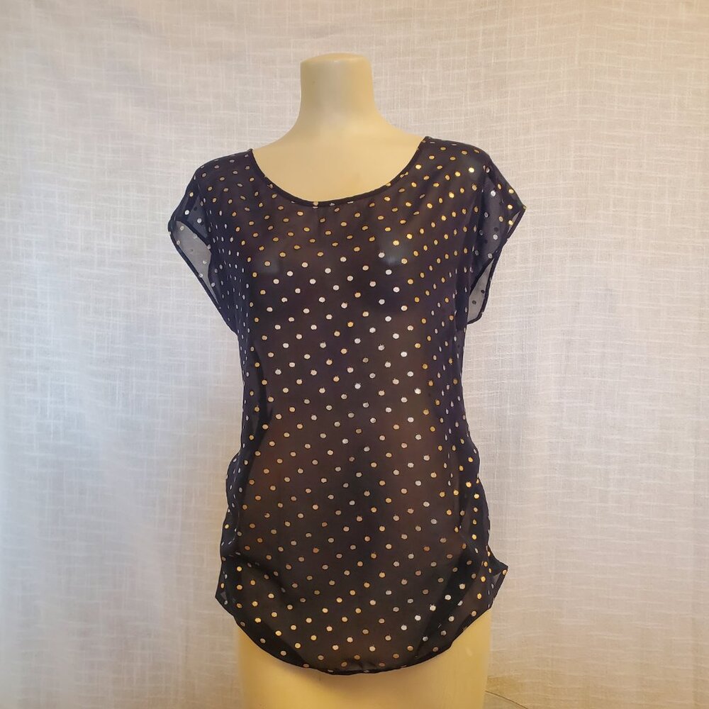 Kismet Womans Sheer Black W/ Silver Metallic Polkadot Drop Sleeve Top Sze M A145